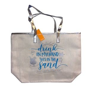 Sliver and blue Drink in My Hand Toes in the Sand tote bag